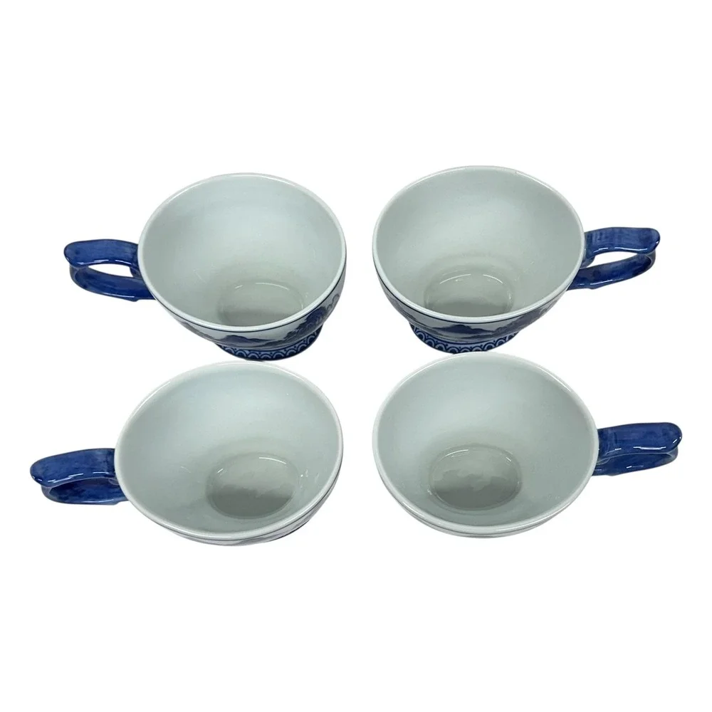 Bombay Four Mountains Blue White Porcelain Teacups Saucers Asian Landscape Set 4